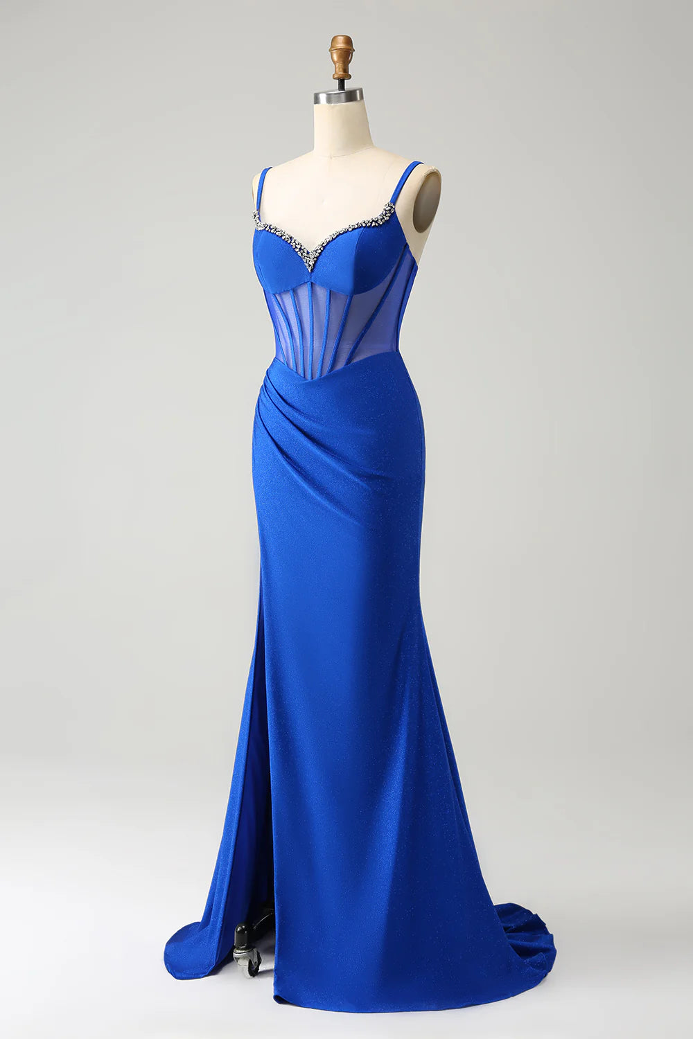 Royal Blue V-Neck Mermaid Spaghetti Strap Beaded Corset Long Prom Dress with Slit