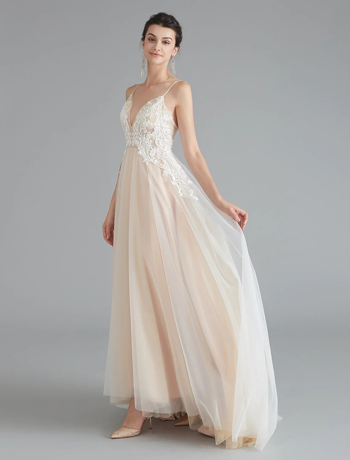 A-Line Prom Dresses Beautiful Back Dress Wedding Guest Sweep / Brush Train Sleeveless V Neck Lace with Beading