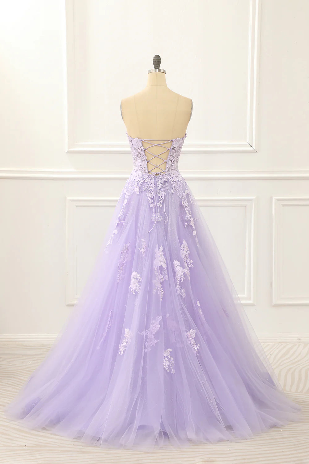 Lavender Off Shoulder Appliques Lace-Up Back Floor-Length Prom Dress with Feathers 