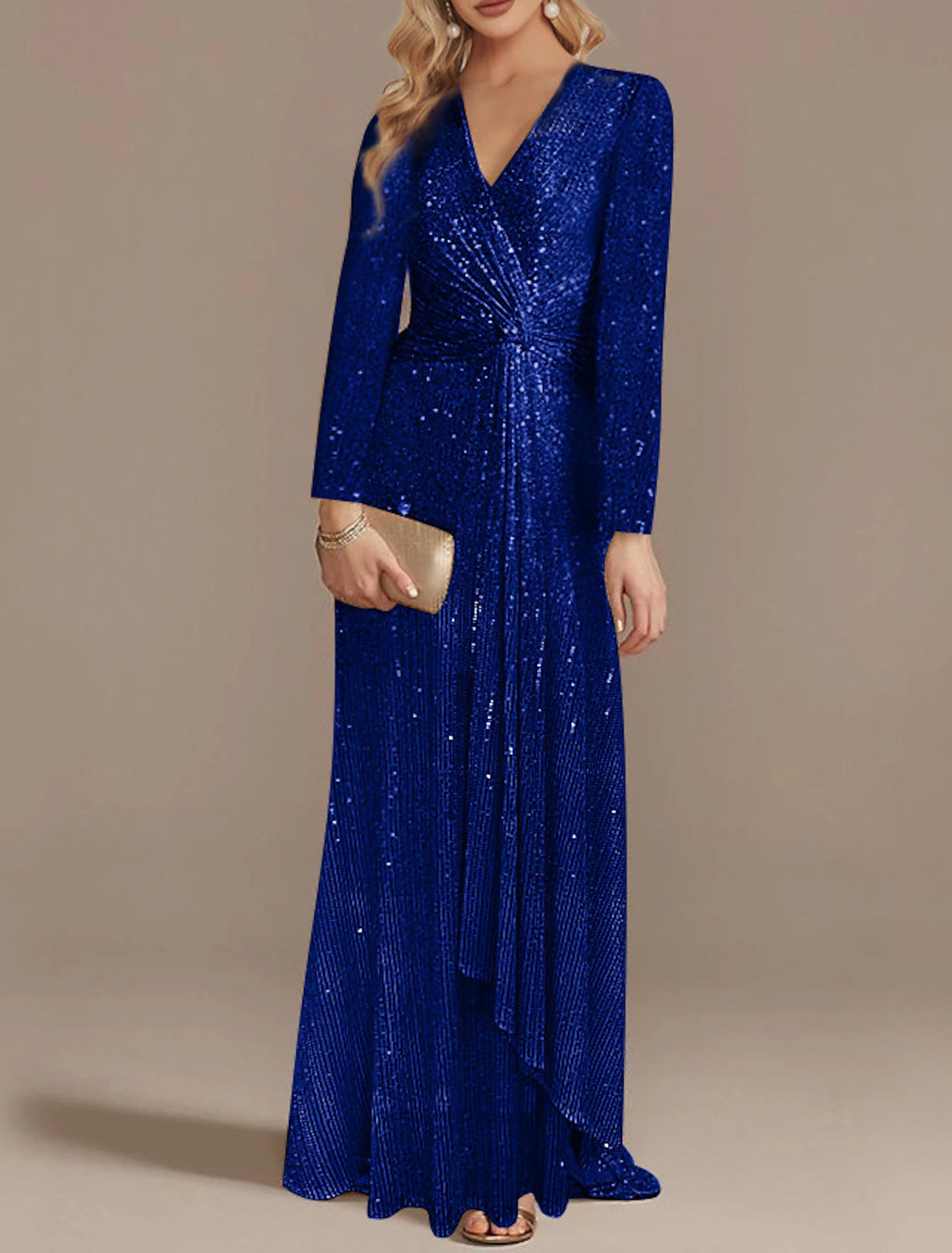 Wedding Guest Dress Sleek Glitter Sparking Sequins Long Sleeve V Neck Party Dress