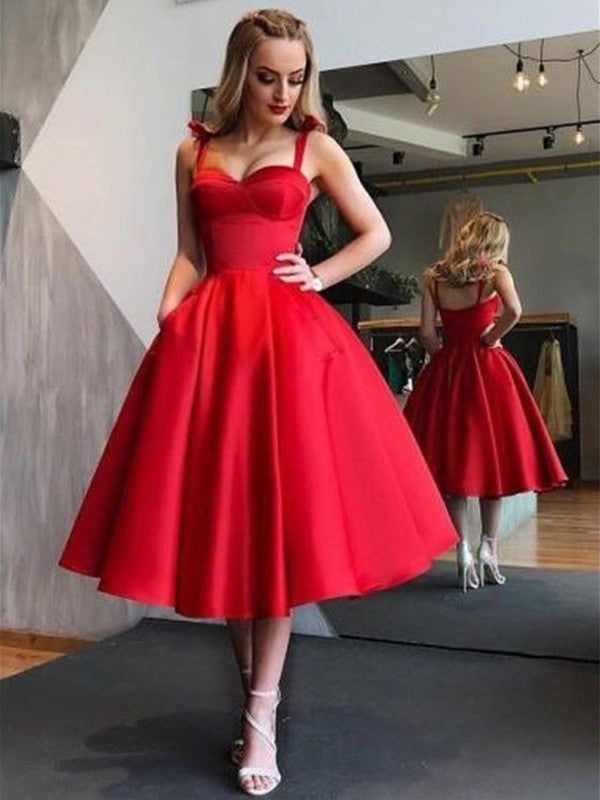 A-Line/Princess Straps Satin Sleeveless Ruffles Tea-Length Red Dresses Homecoming Dresses Cocktail Dresses