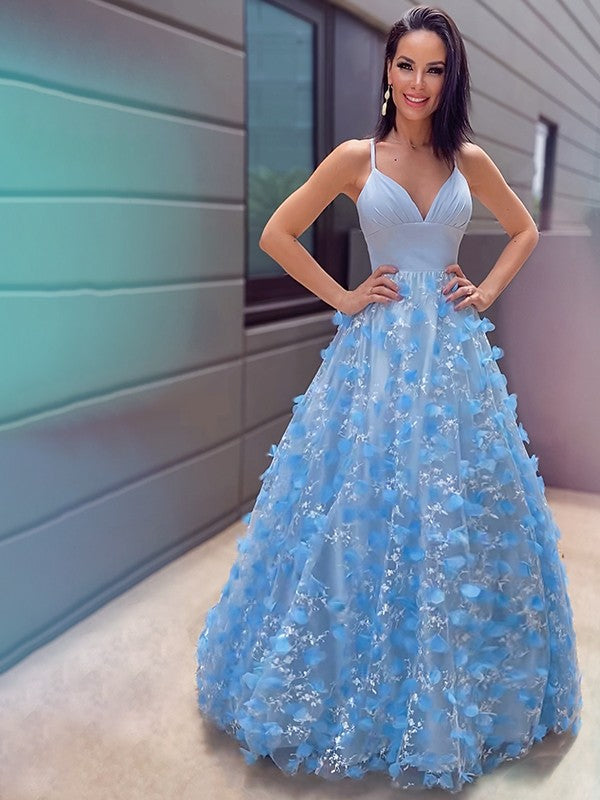 A-Line/Princess V-neck Tulle Applique Floor-Length Sleeveless Party Dresses Formal Dresses