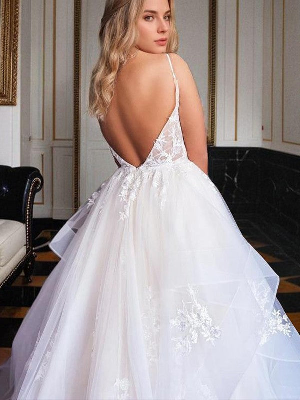 A-Line/Princess Tulle Applique Spaghetti Straps V-neck Sleeveless Floor-Length Wedding Dresses