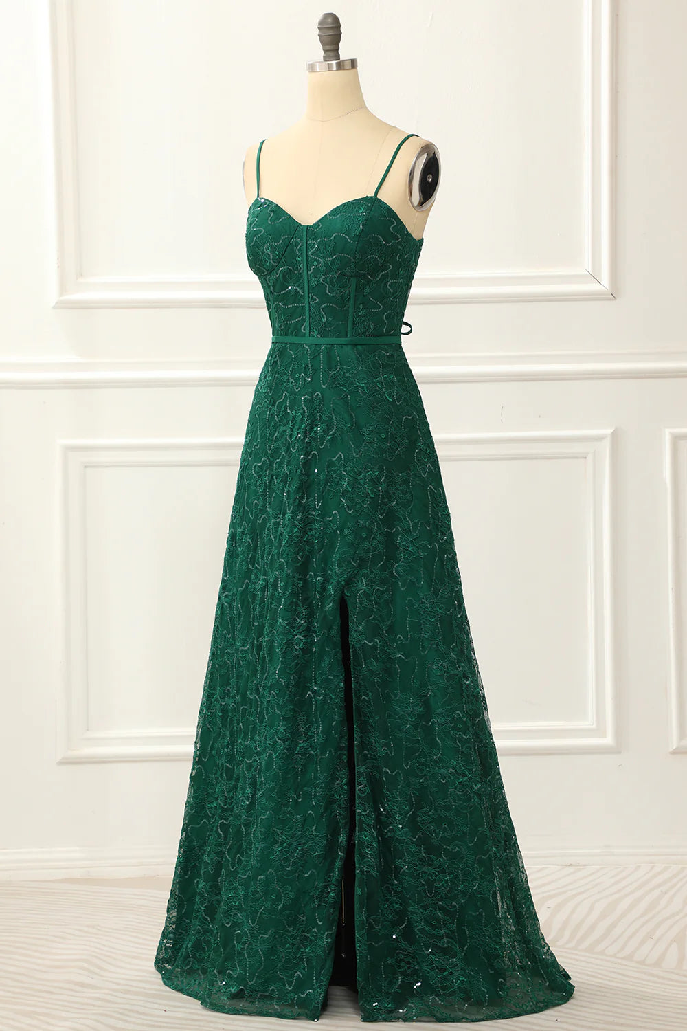 Dark Green Spaghetti Straps Lace-Up Back A Line Lace Prom Dress