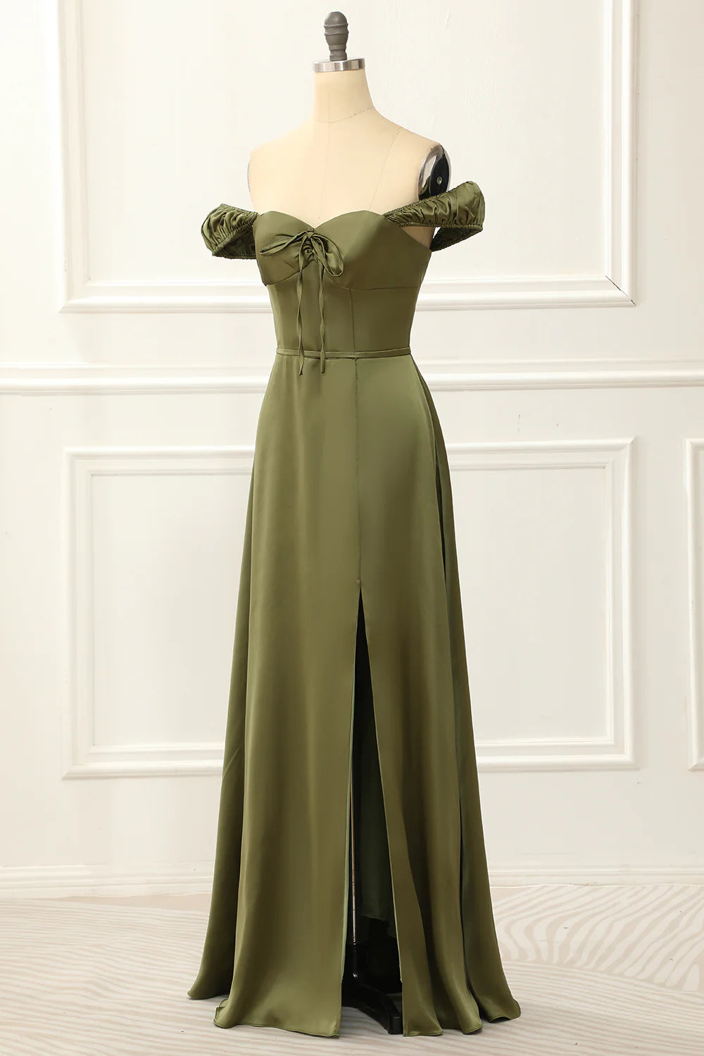 Green A-Line Off Shoulder Satin Pleats Split Fork Simple Prom Dress