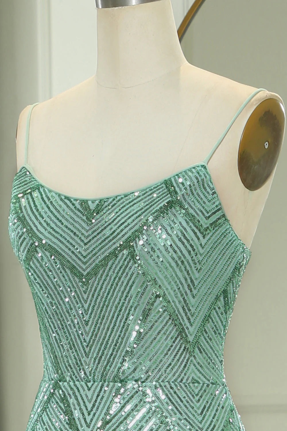 Sparkly Green Round Neck Mermaid Spaghetti Straps Long Prom Dress With Slit