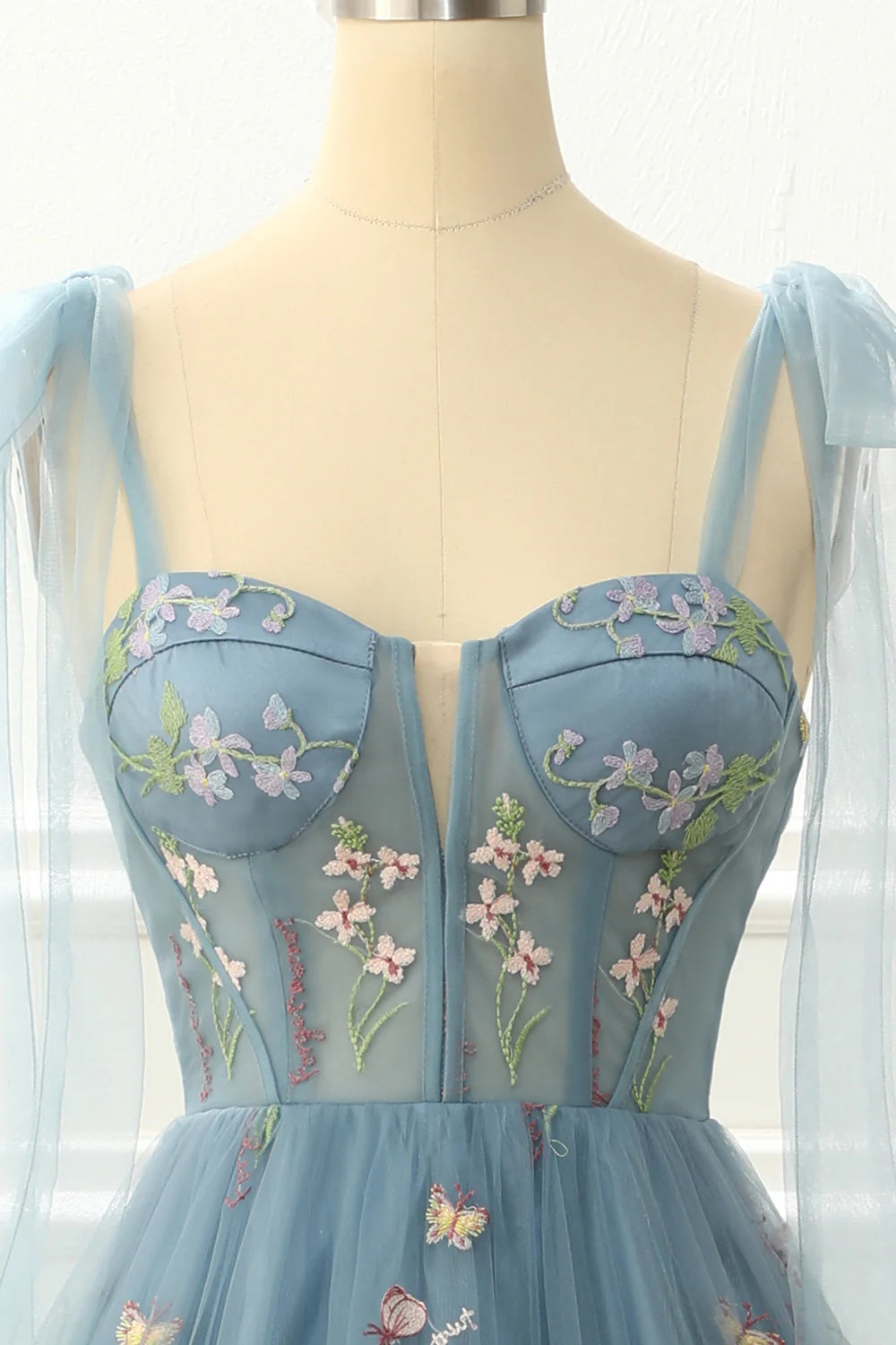 A-Line Grey Blue Princess Square Neck Bow Strap Prom Dress With Embroidery