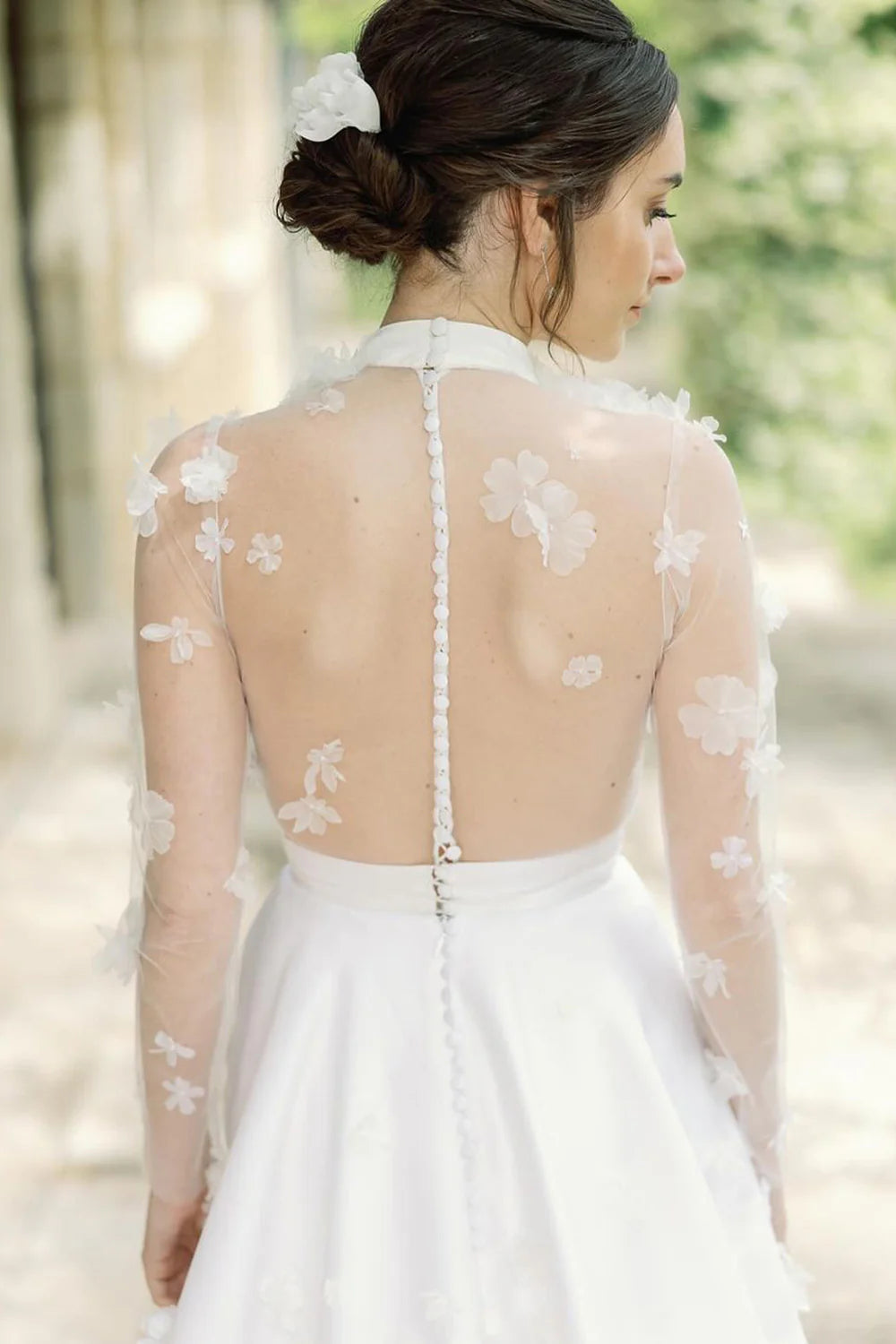 Fairy Ball Gown Satin Round Neck Tulle Back Buckle Wedding Dresses with 3D Flowers