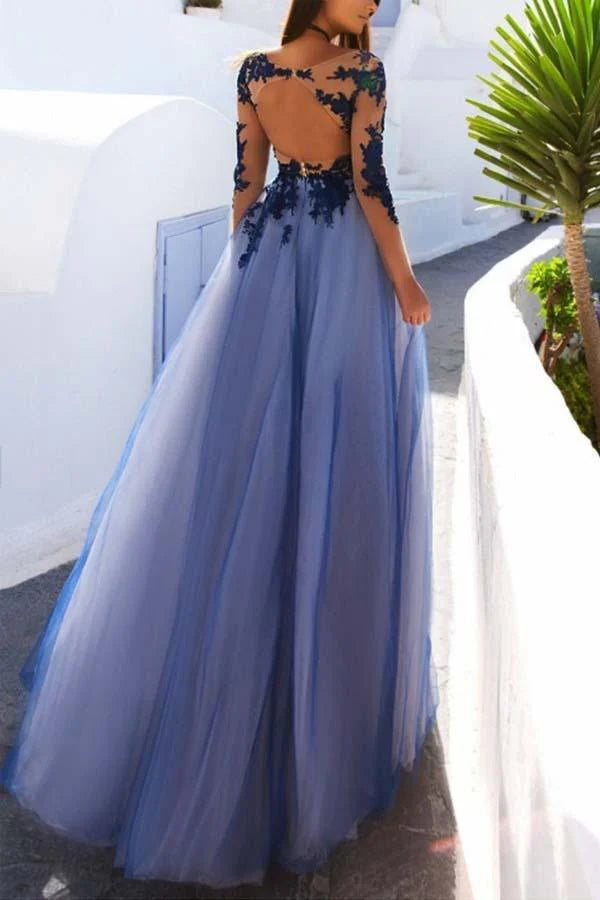 A Line Long Sleeves Floor Length Lace Open Back Prom Dress With Appliques
