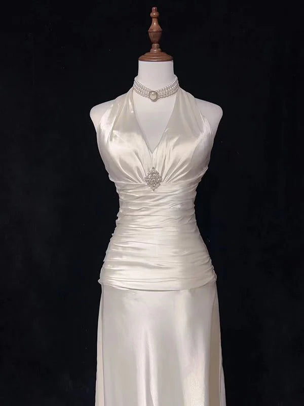 New Pattern Wedding Dress A Line V Neck Halter Satin Ruched Long Fashion Personality Formal Dresses