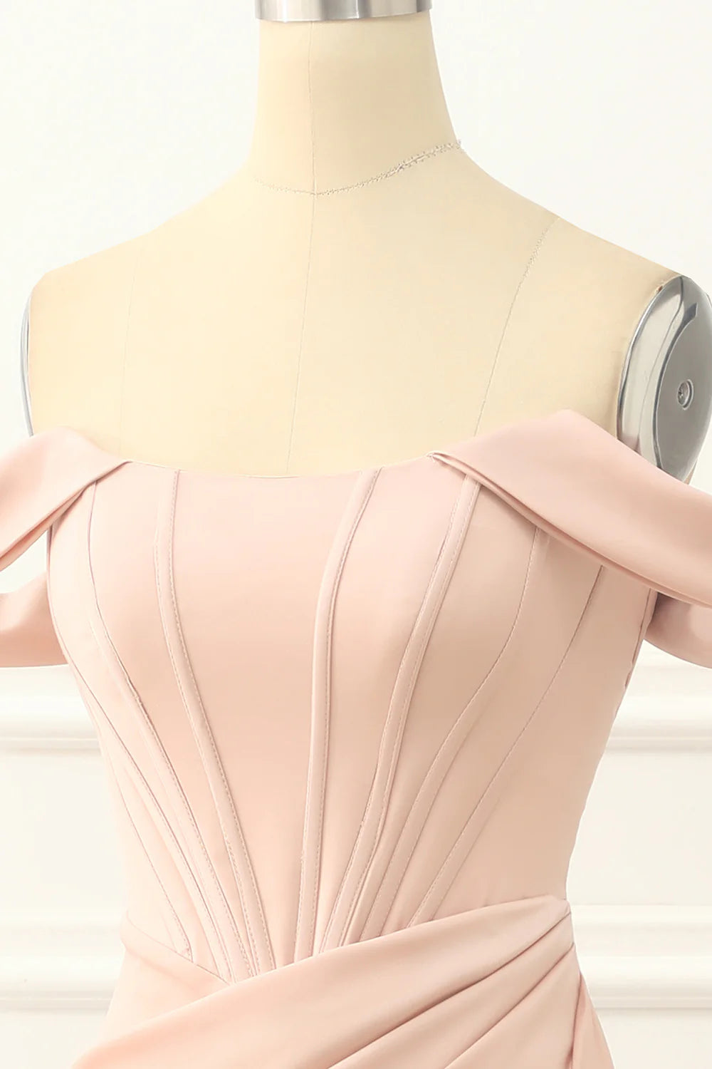 Blush Satin Off the Shoulder Mermaid Pleats Floor-Length Prom Dress with Slit 