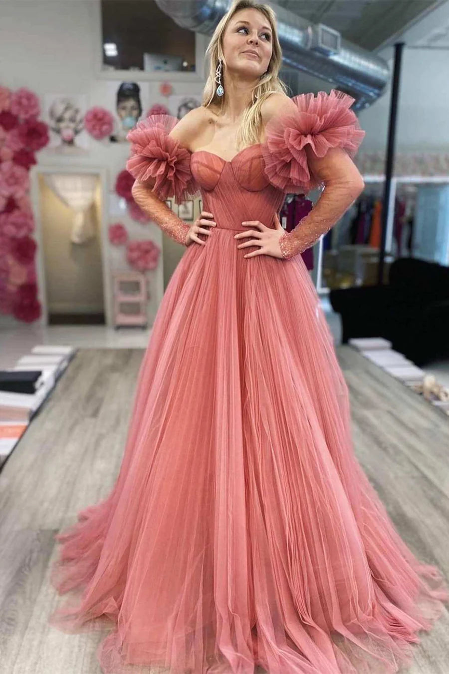 Princess Tulle Sweetheart Long Prom Dress with Detachable Sleeves