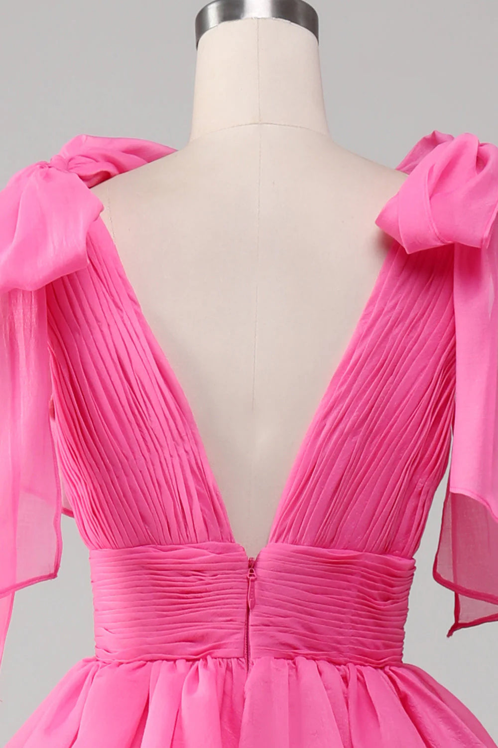 Princess Fuchsia A-Line V-Neck Pleats Long Tiered Prom Dress With Slit