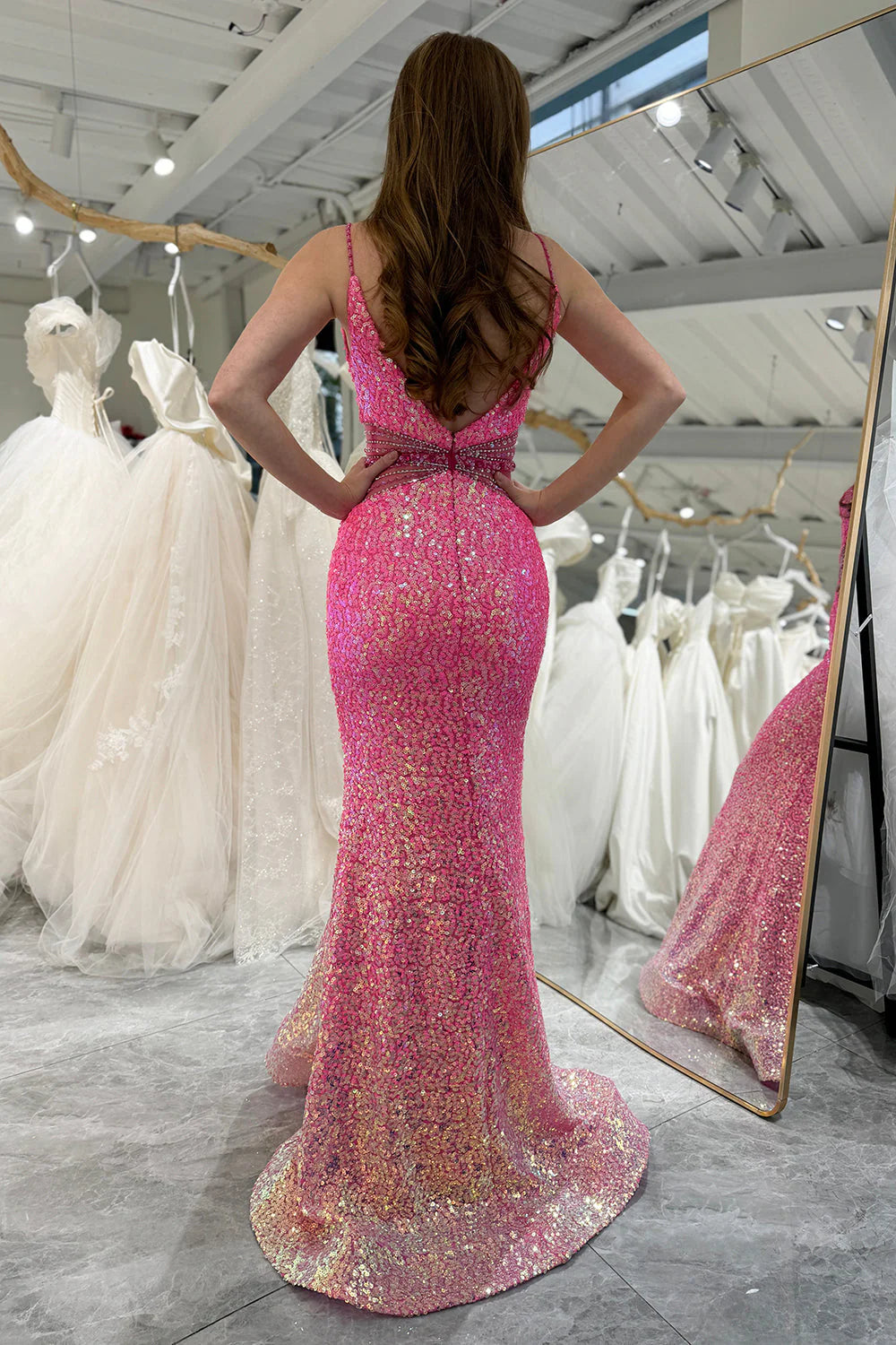 Sparkly Fuchsia Mermaid Spaghetti Straps V-Neck Backless Long Prom Dress