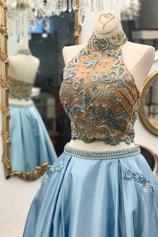 A Line Sparkly Halter Neck Two Pieces Beaded Satin Long Prom Dress