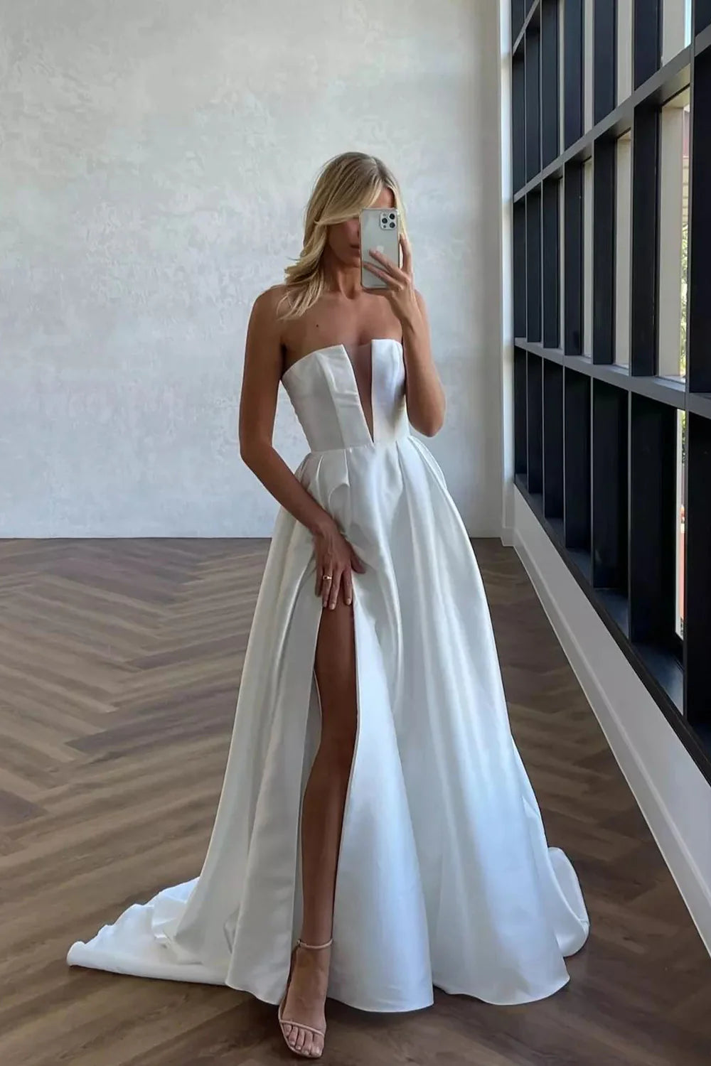 Fashion Simple A Line V Neck Off-the-Shoulder Twill Satin Wedding Dresses with Slit