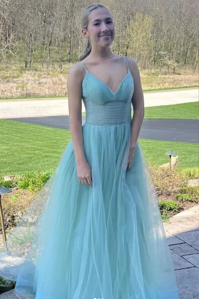 A Line Spaghetti Straps Hot Pink Long Tulle Prom Dress
