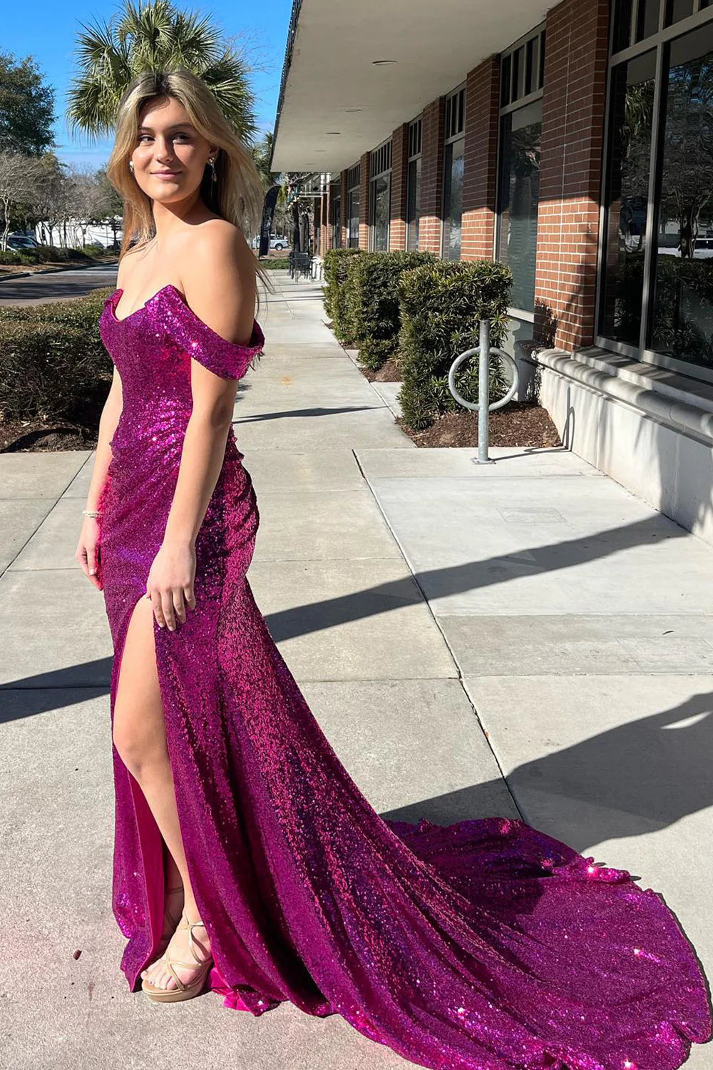 Fuchsia Sequin Off Shoulder Round Neck Mermaid Pleats Prom Dress with Slit