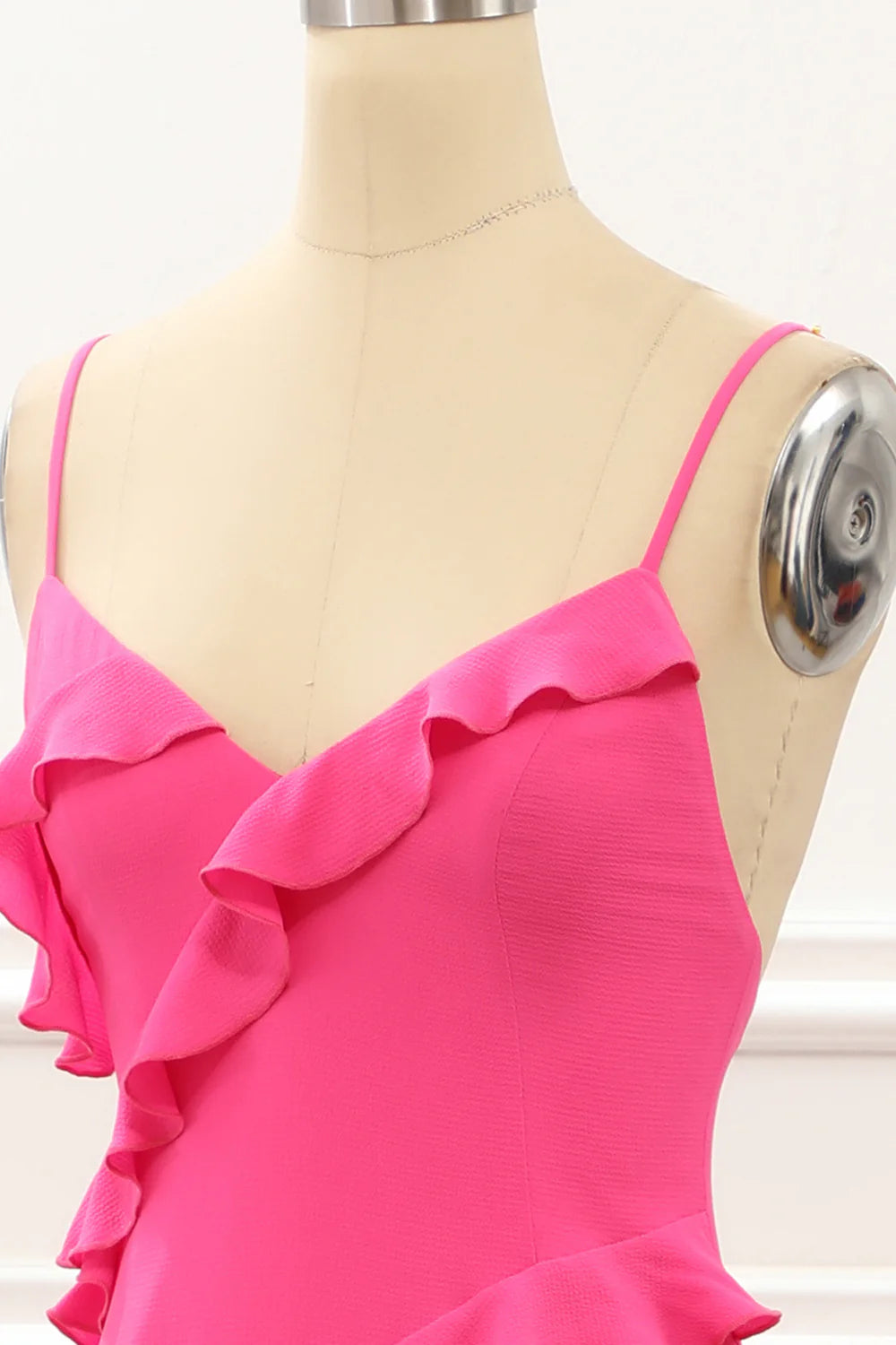 Hot Pink Chiffon V-Neck Spaghetti Strap Ruffles Backless Prom Dress with Slit