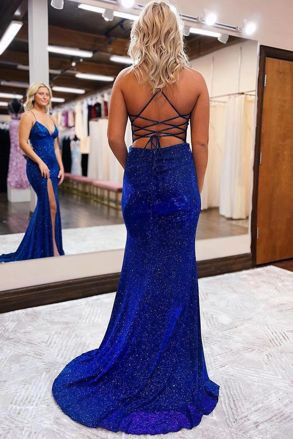 Sheath V-Neck Spaghetti Straps Blue Split Fork Long Prom Dress with Silt