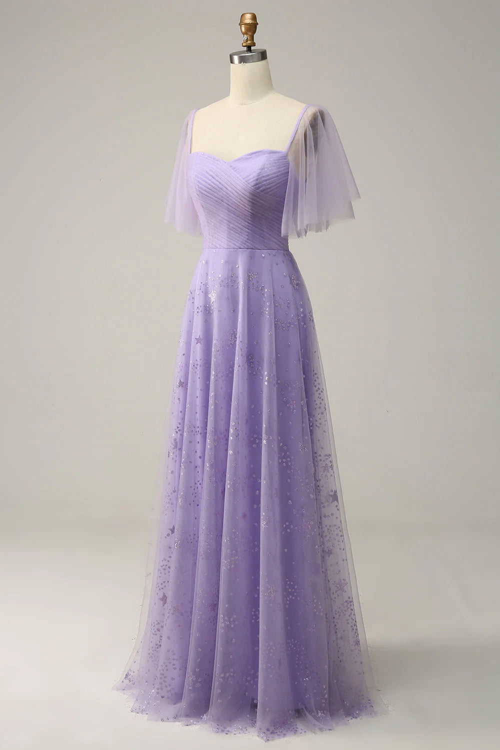 Off-the-Shoulder Lavender Lace-Up Back Prom Dress with Ruffles