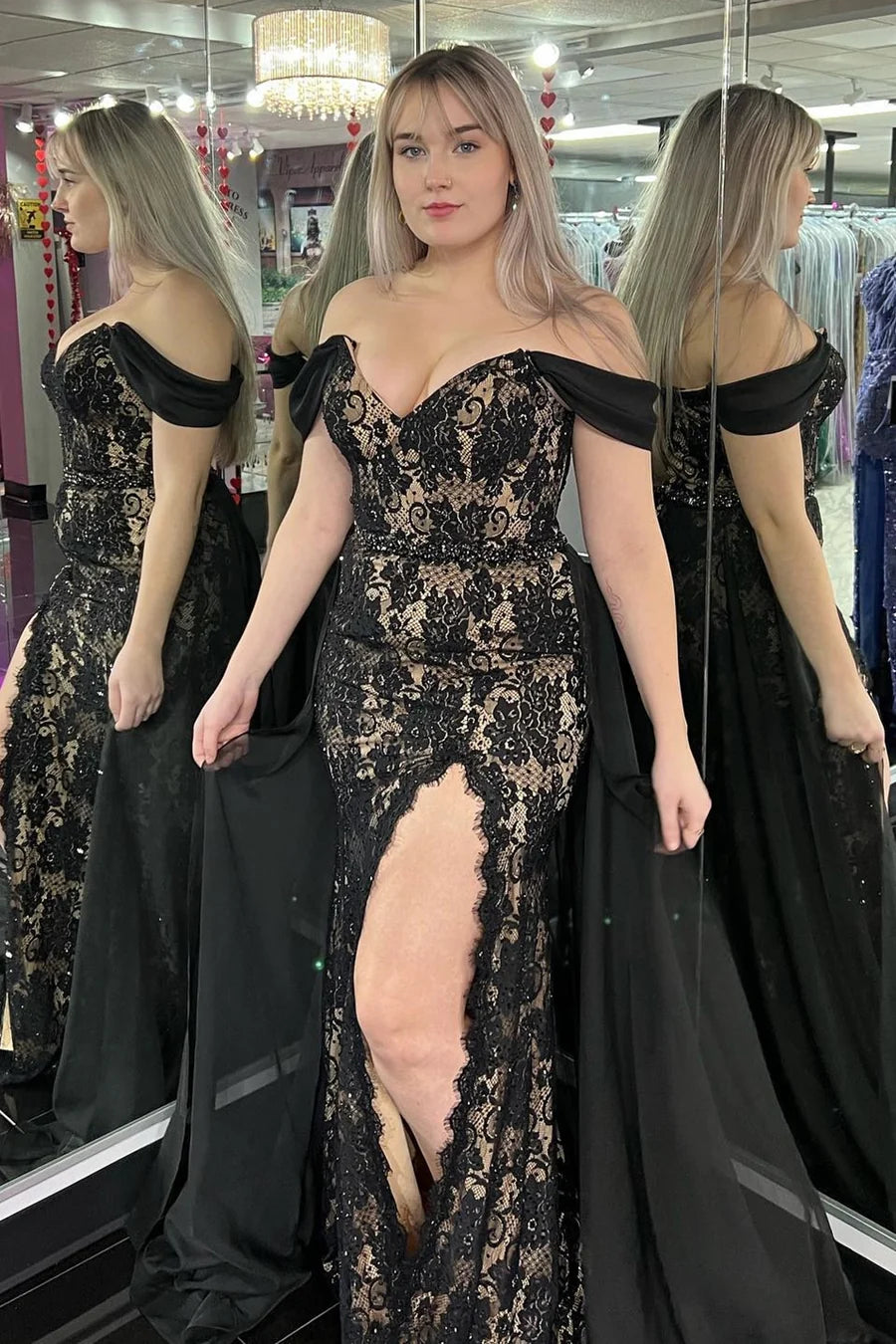 Mermaid Lace Off-the-Shoulder Long Prom Gown with Attached Train