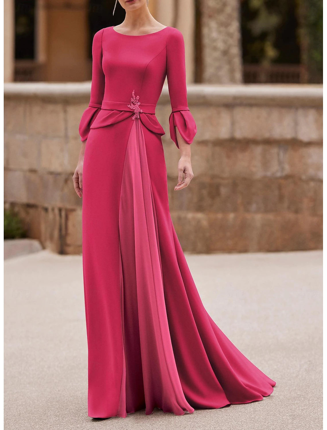 Sheath Mermaid Trumpet Evening Dress Floor Length 3/4 Length Sleeve Chiffon Crepe Mother of the Bride Dress with Crystal