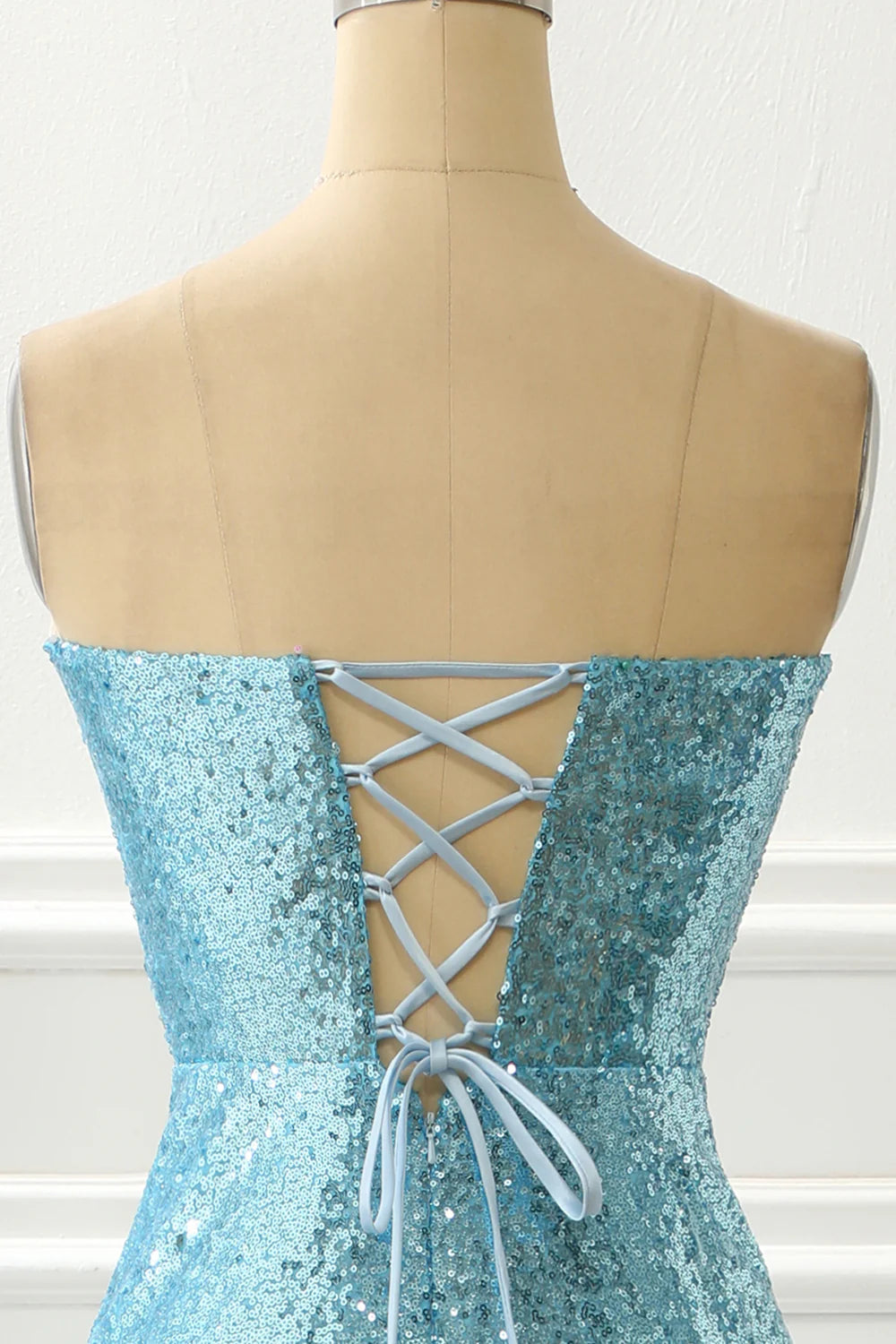 Strapless Blue Off-the-Shoulder Sequin Mermaid Prom Dress With Feathers