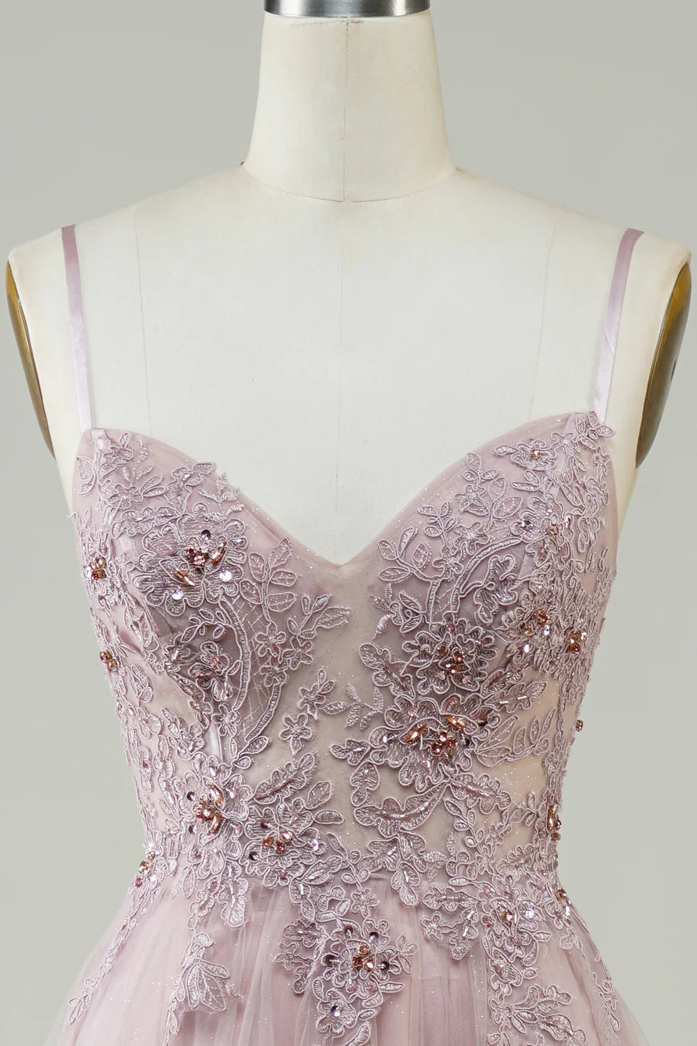A-Line Spaghetti Straps V Neck Sparkly Blush Tulle Long Prom Dress with Lace Appliques