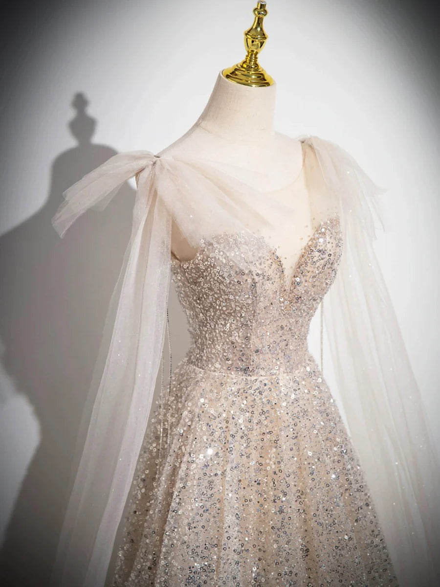 A-Line Sparkling Shine Evening Party Dress Champagne Tulle Sequins Long Prom Dress