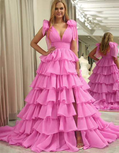 A Line V Neck Long Tiered Prom Dress
