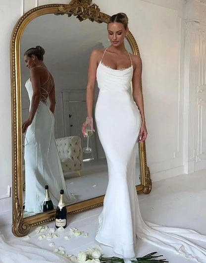 Mermaid Cowl Neck Simple Sweep Train Wedding Dress