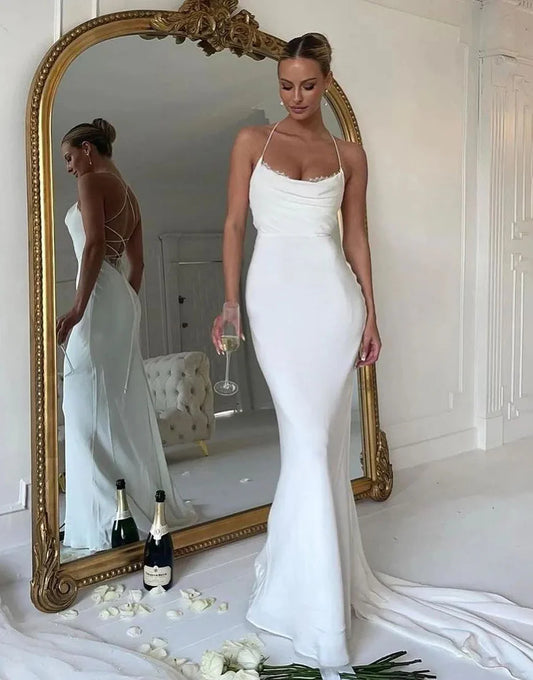 Mermaid Cowl Neck Simple Sweep Train Wedding Dress
