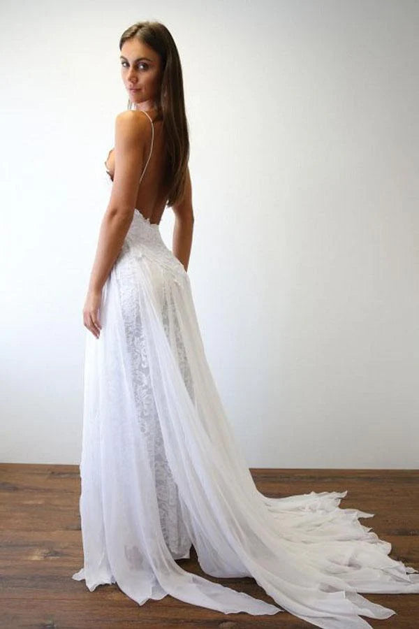 Sexy Spaghetti Straps White Long Beach Wedding Dress