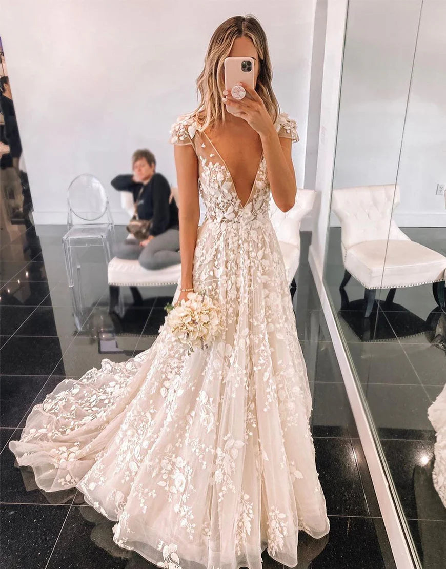 A-Line V-Neck Cap Sleeves Wedding Dress with Sweep Trainv