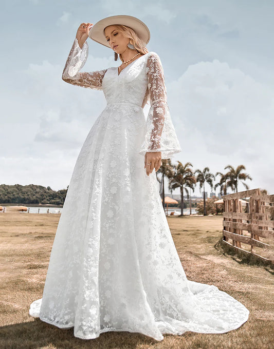 Beauty A Line V Neck Ivory Lace Flare Sleeves Wedding Dress