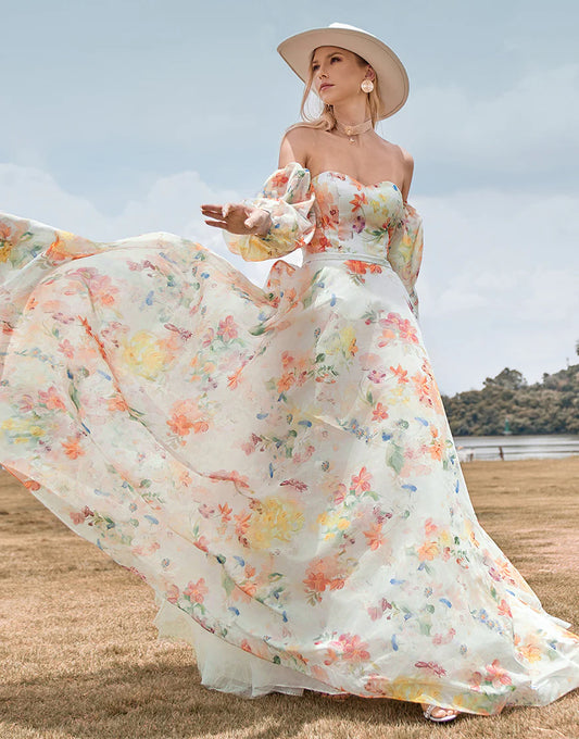 Charming A Line Sweetheart Ivory Floral Sweep Train Bridal Dress with Sleeves