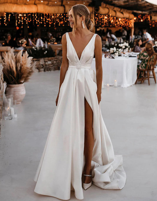 Deep V-neck Satin Wedding Dress with Split