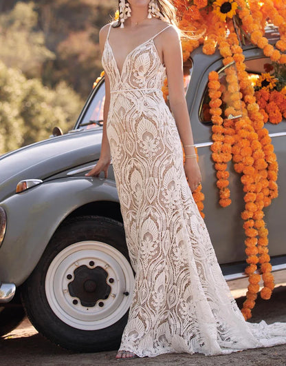 Backless Lace Boho Wedding Dress
