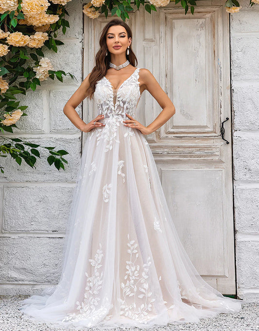 Gorgeous A Line Deep V Neck Champagne Tulle Wedding Dress with Lace