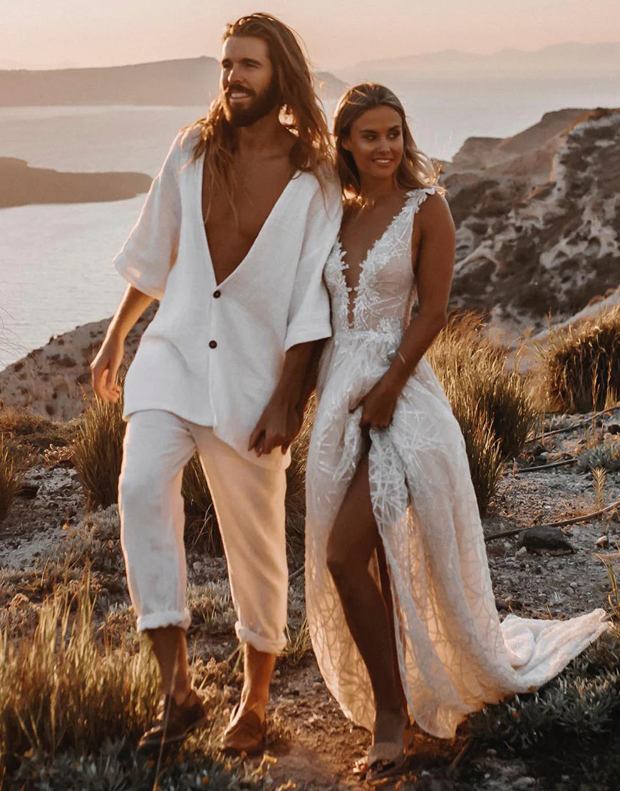 A-line V-neck Backless Boho Wedding Dress