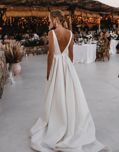 Deep V-neck Satin Wedding Dress with Split