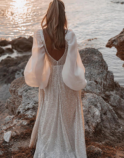 Deep V-neck Boho Wedding Dress with Sleeves