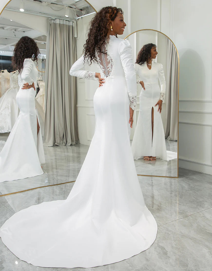 Elegant Ivory Mermaid High Neck Long Sleeve Modest Wedding Dress