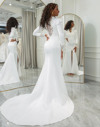 Elegant Ivory Mermaid High Neck Long Sleeve Modest Wedding Dress