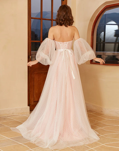 Blush Sweetheart Polka Dots Wedding Dress with Puff Sleeves