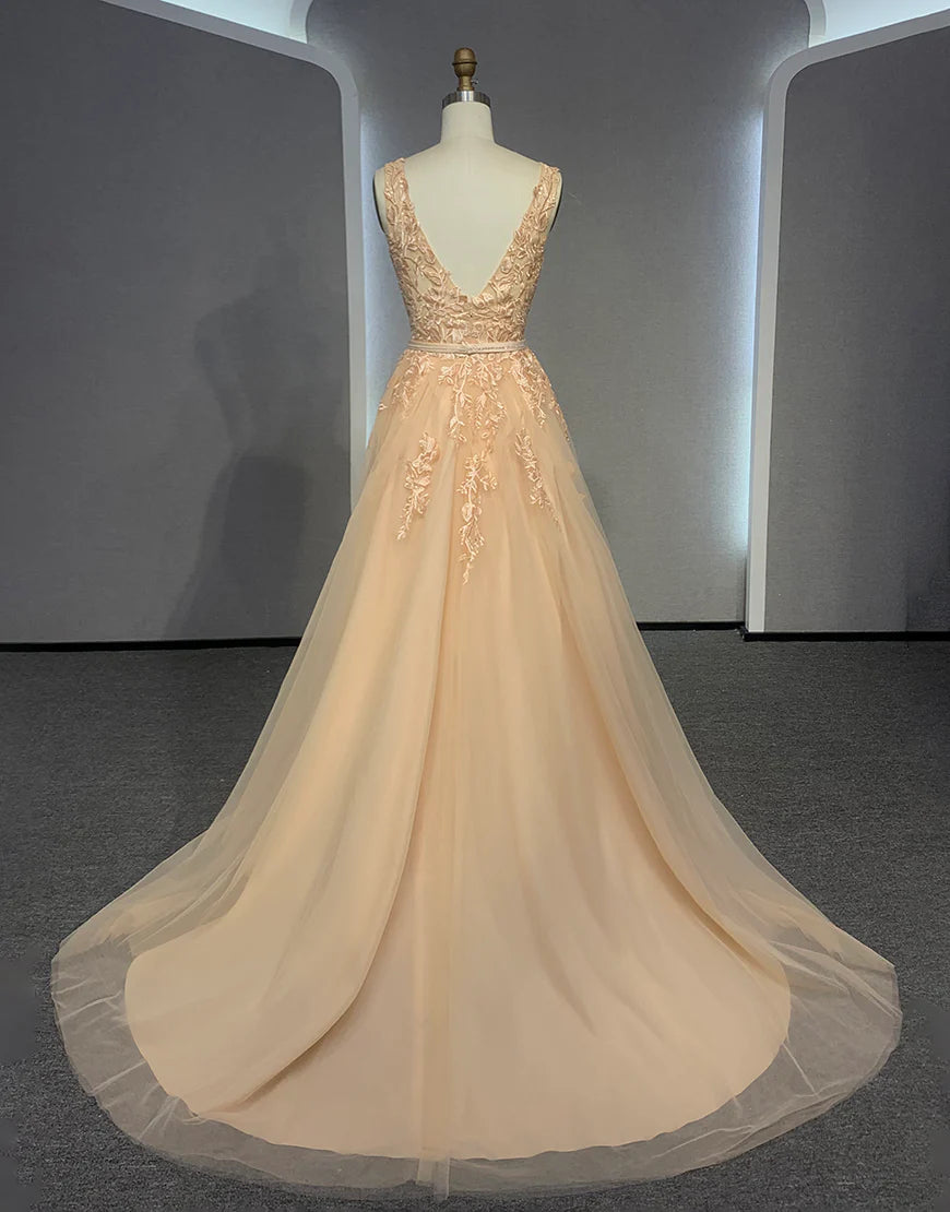 Champagne V Neck A Line Ivory Wedding Dress With Appliques