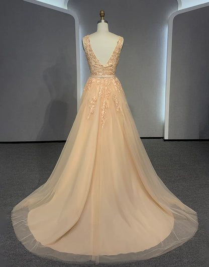 Champagne V Neck A Line Ivory Wedding Dress With Appliques