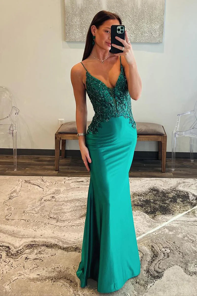 Mermaid V Neck Spaghetti Strap Satin Applique Long Prom Dress with Beading