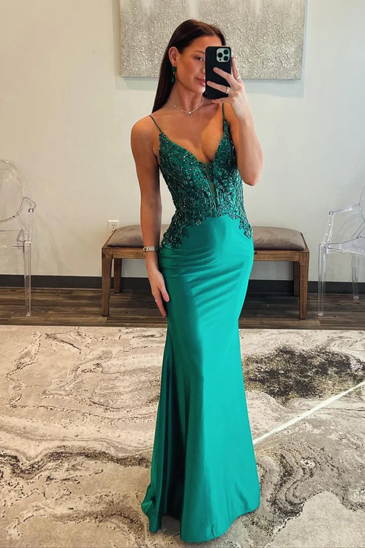 Mermaid V Neck Spaghetti Strap Satin Applique Long Prom Dress with Beading